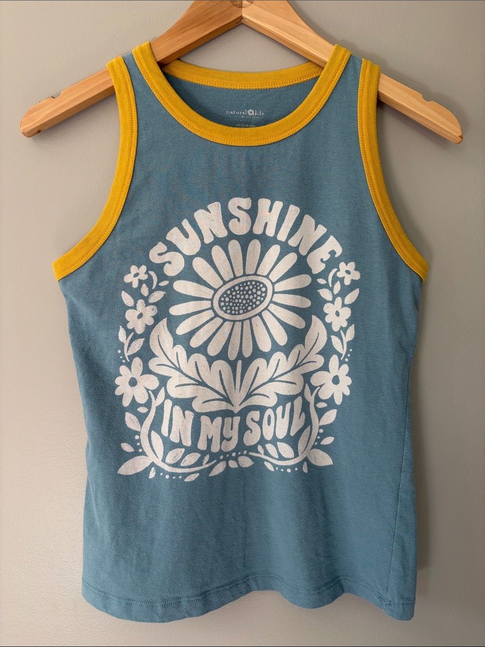 Natural Life Graphic Ringer Tank Small Sunshine in my Soul Blue Yellow Retro